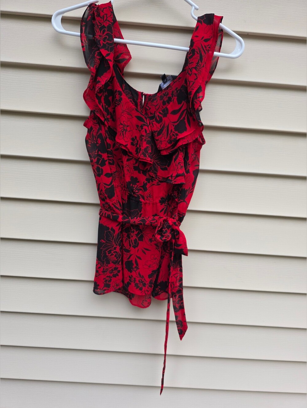 Express Red and Black Floral Ruffle Tie-Waist Camisole